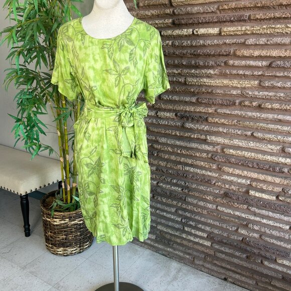 La Cera Green Sheath Shift Dress Floral Self Belt Size XL Cottagecore Casual - Picture 4 of 6